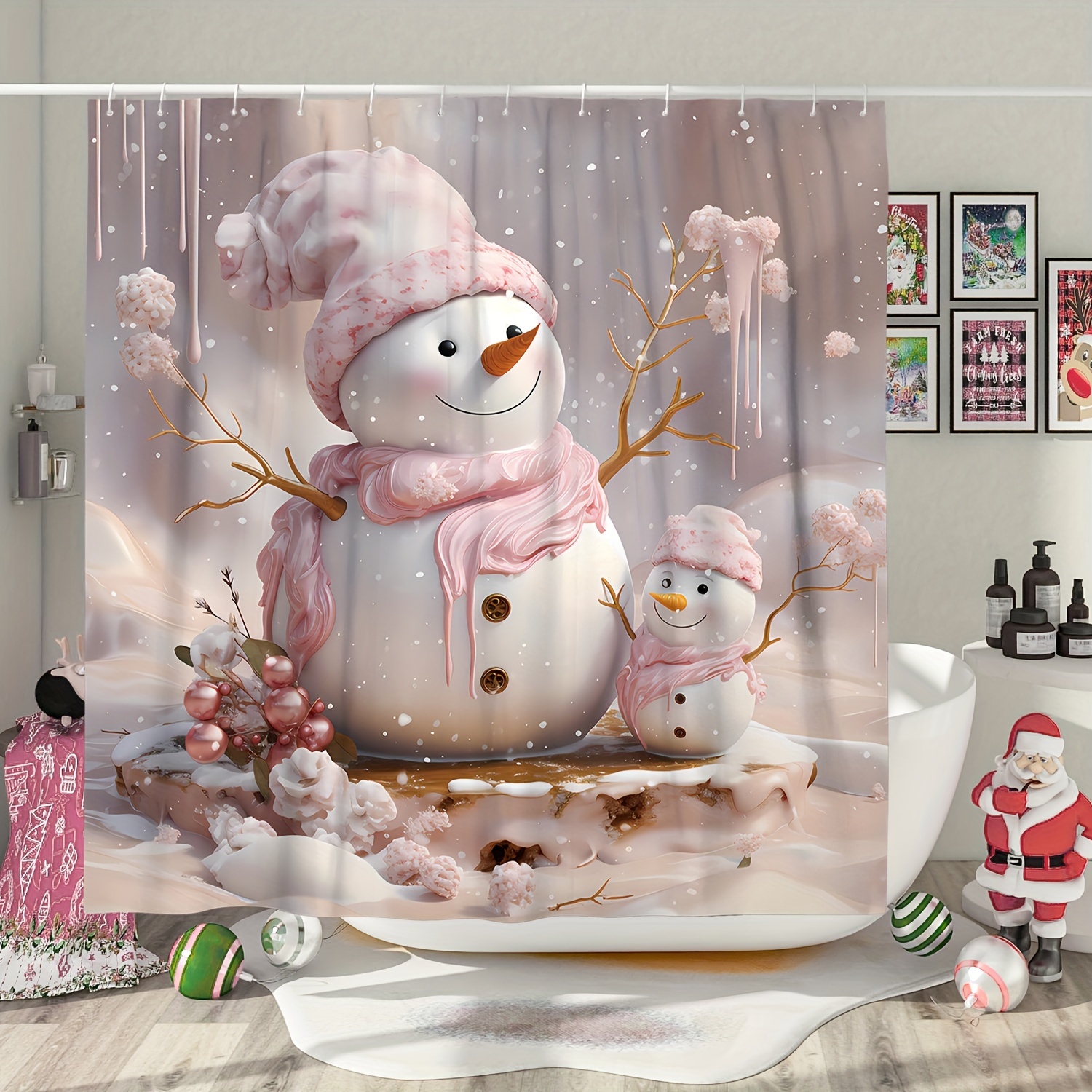 

1pc Snowman Pink Shower Curtain, Cute Polyester 180x180cm/72''x72'' Waterproof Shower Curtain With 12 Hooks For Bathroom Bathtub Decoration