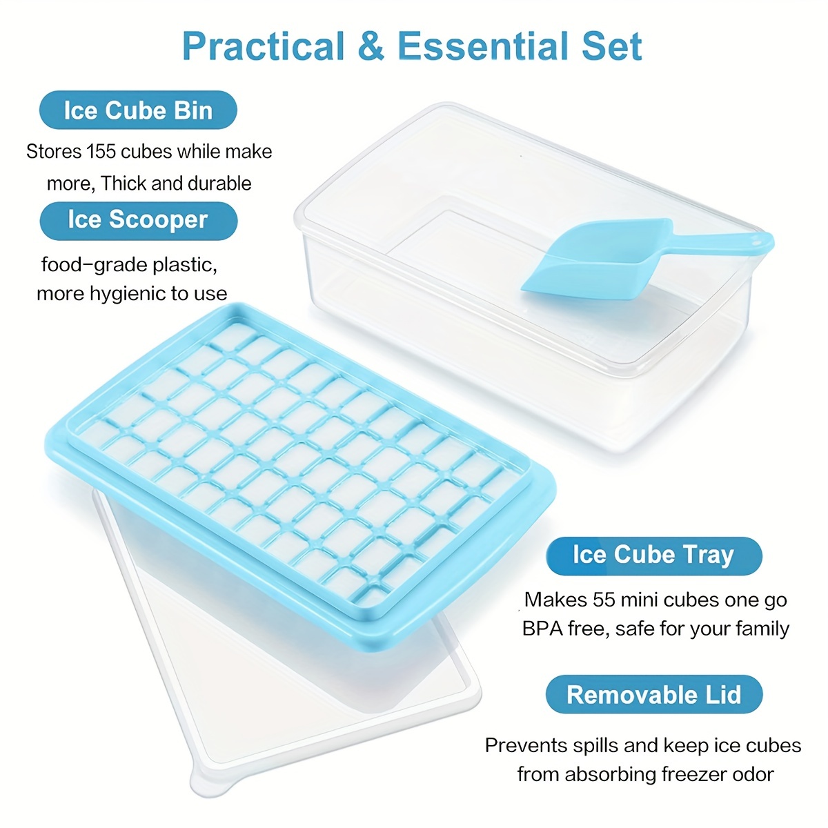 Ice Cube Tray with Lid and Bin for Freezer, Easy Release 55 Nugget Ice Tray  with