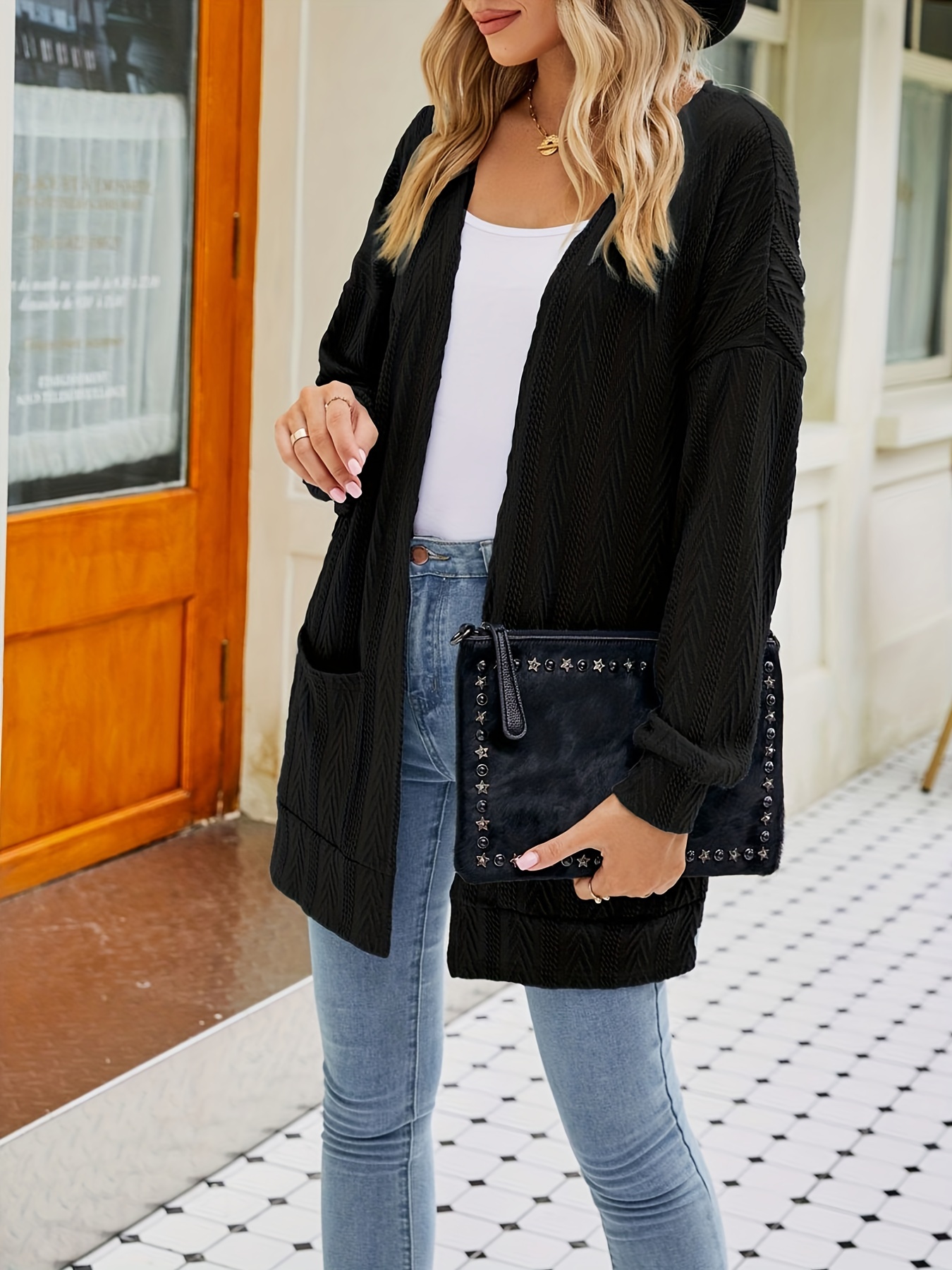 Solid Open Front Pocket Cardigan Casual Long Sleeve Long - Temu