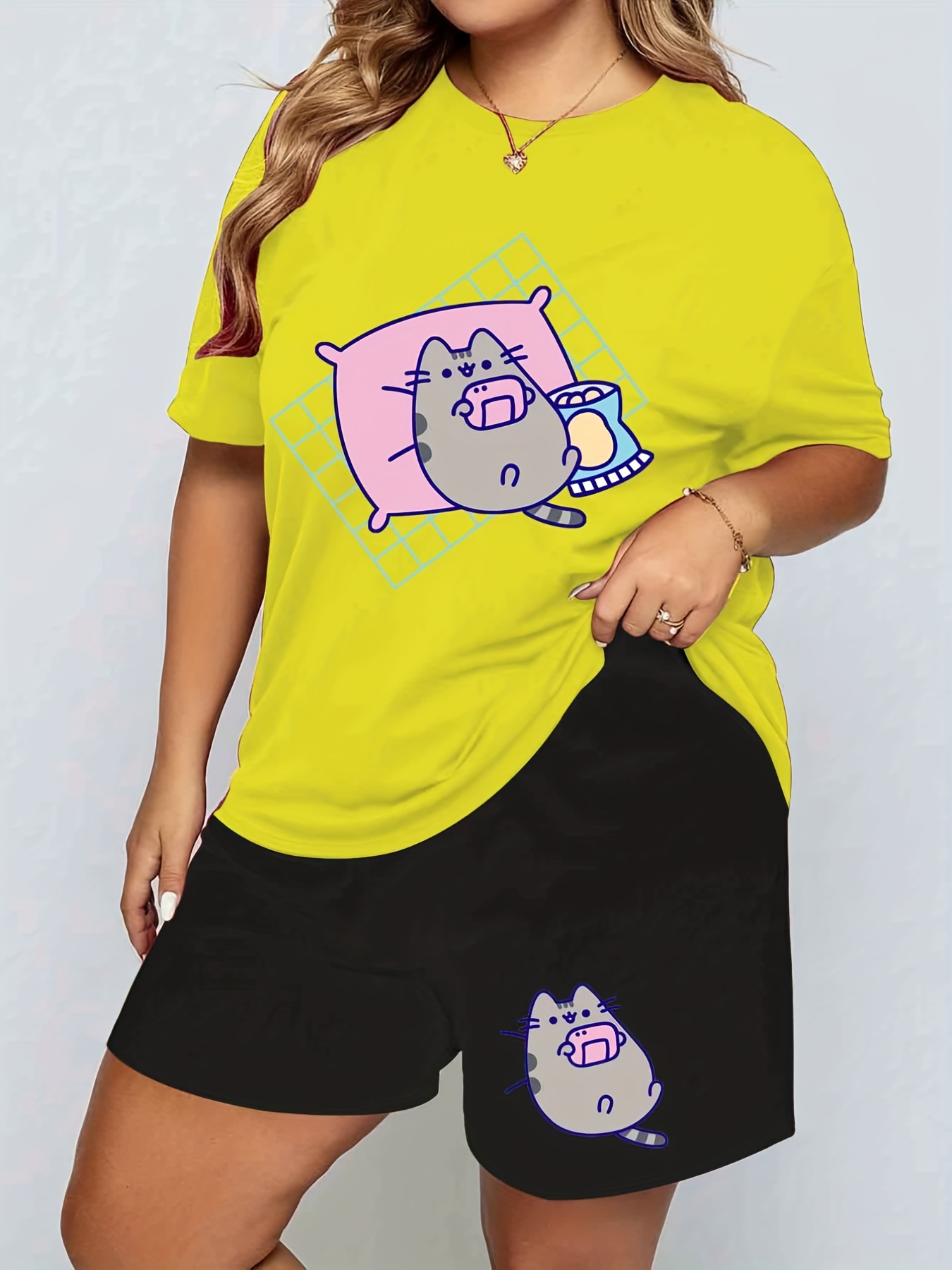 Cat Print Tee & Shorts Pajama Set