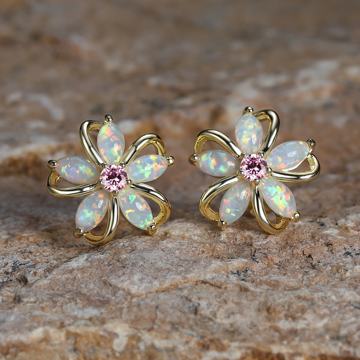 Opulent Flower Shaped Stud Earrings with Synthetic Opal