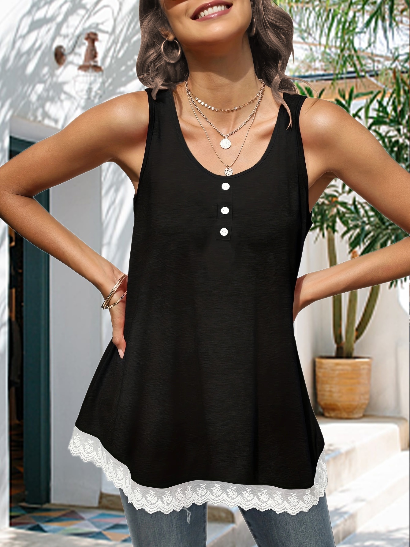 Women's Black Sleeveless Scoop Neck Button Tank Top 