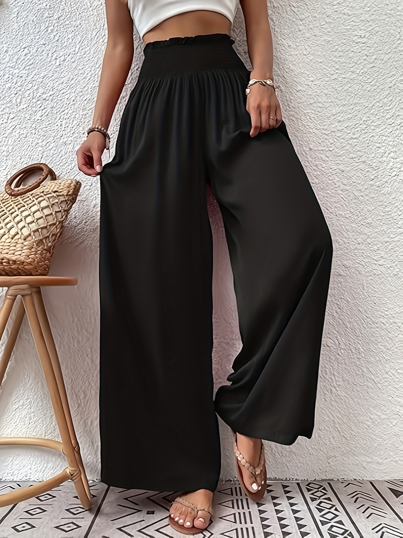 Solid Wide Leg Pants, Casual Shirred Waist Comfy Pants, Women's