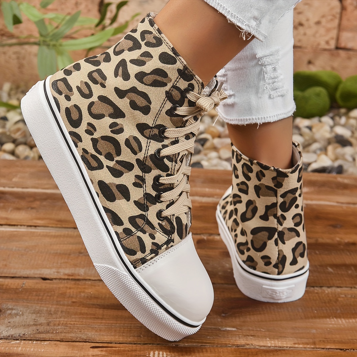 womens leopard print canvas shoes casual lace up high top shoes comfortable outdoor sneakers details 2