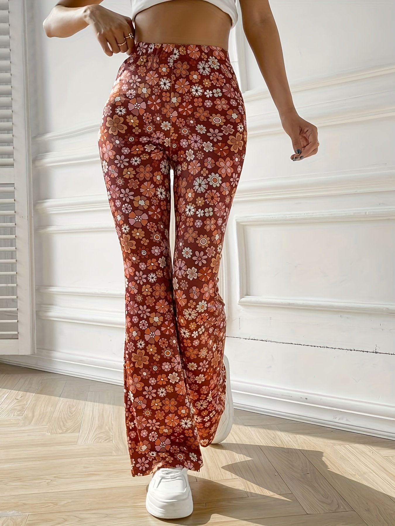 Floral Print Flare Leg Pants, Boho High Waist Pants For All-season, Women's  Clothing