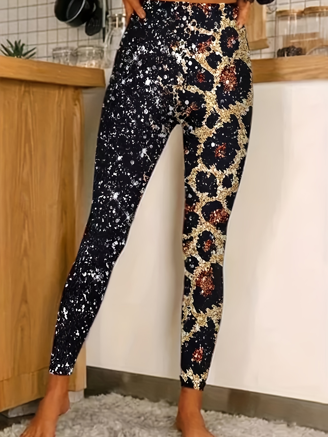 Leggings Skinny Com Estampa De Leopardo E Glitter Leggings - Temu Portugal