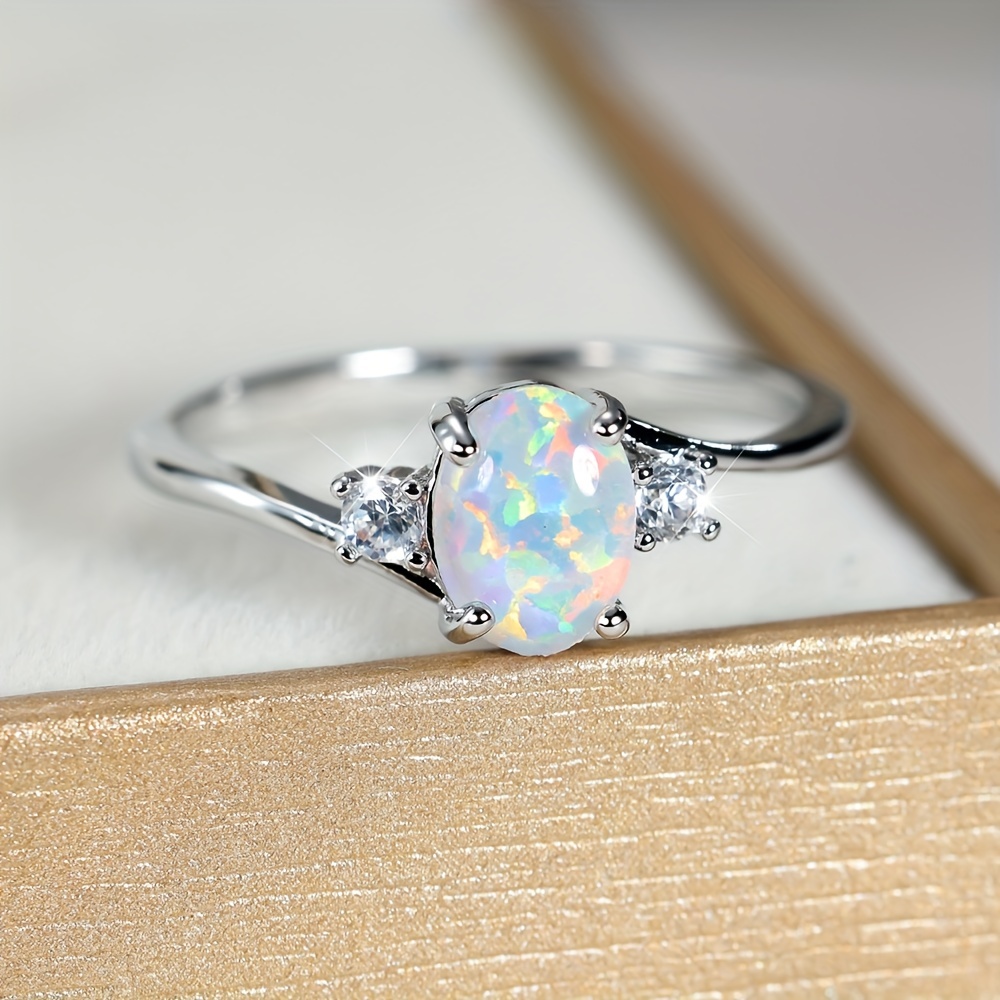 Women's Oval Australian Opal Ring in 925 Sterling Silver