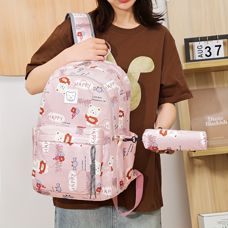 Bear Print Large Capacity Preppy Backpack Pencil Case Pendant Set