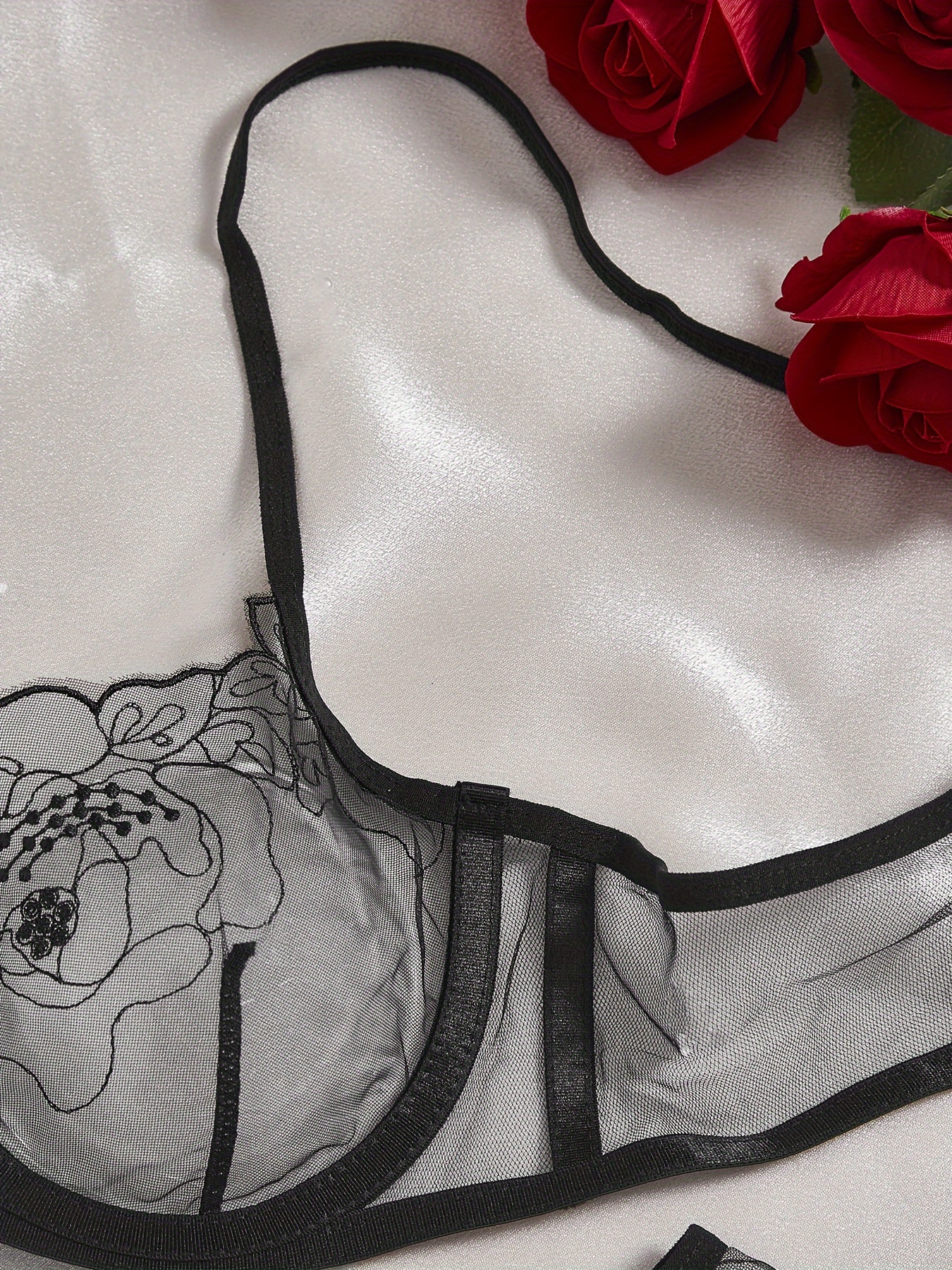 Floral Lace Lingerie Set Sheer Bra Mesh Bikini Panties - Temu