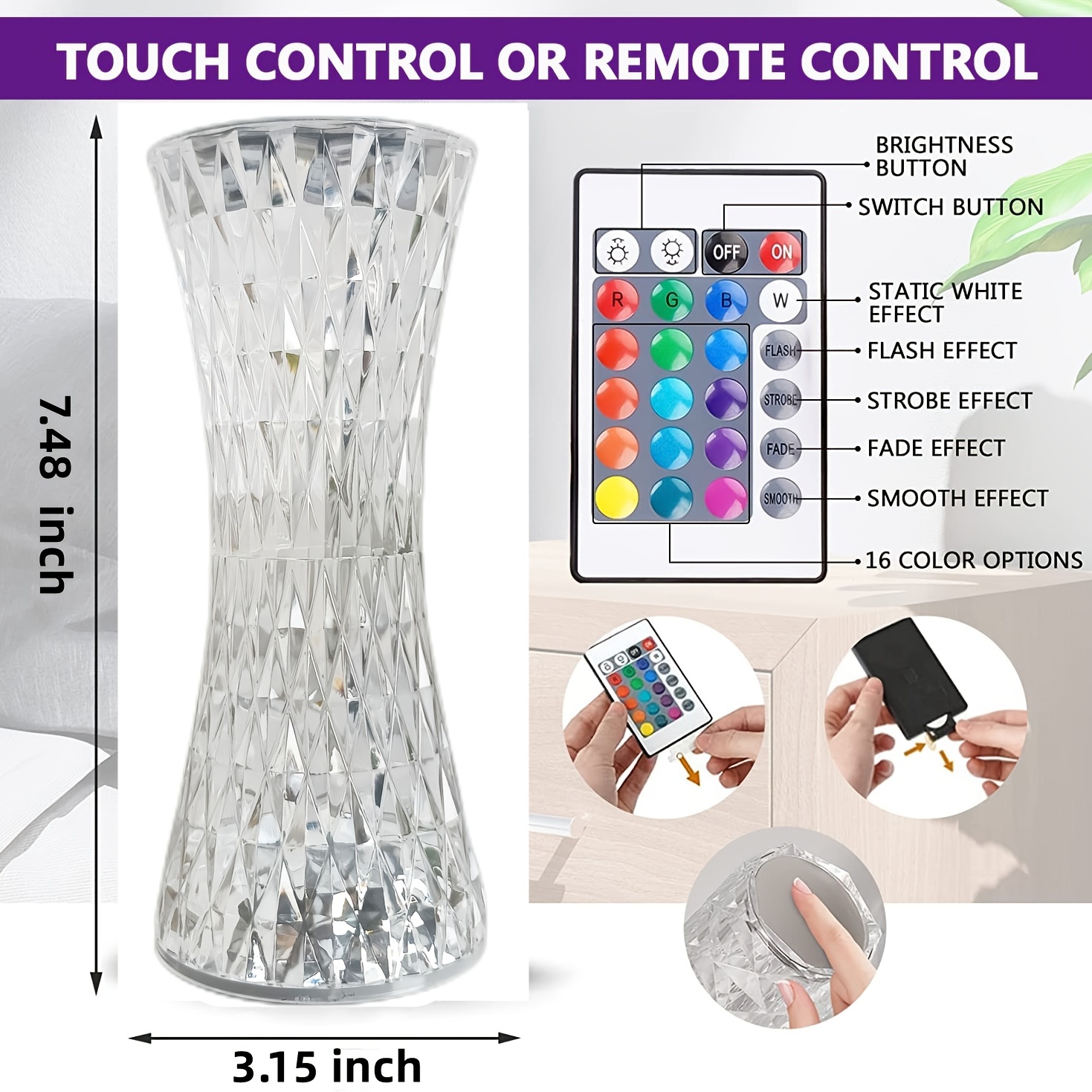 Lampe de table en cristal dimmable avec couleur 16 Rgb, télécommande, lampe  de table rechargeable avec port de charge USB, lampe en cristal de  saint-Valentin pour vivre