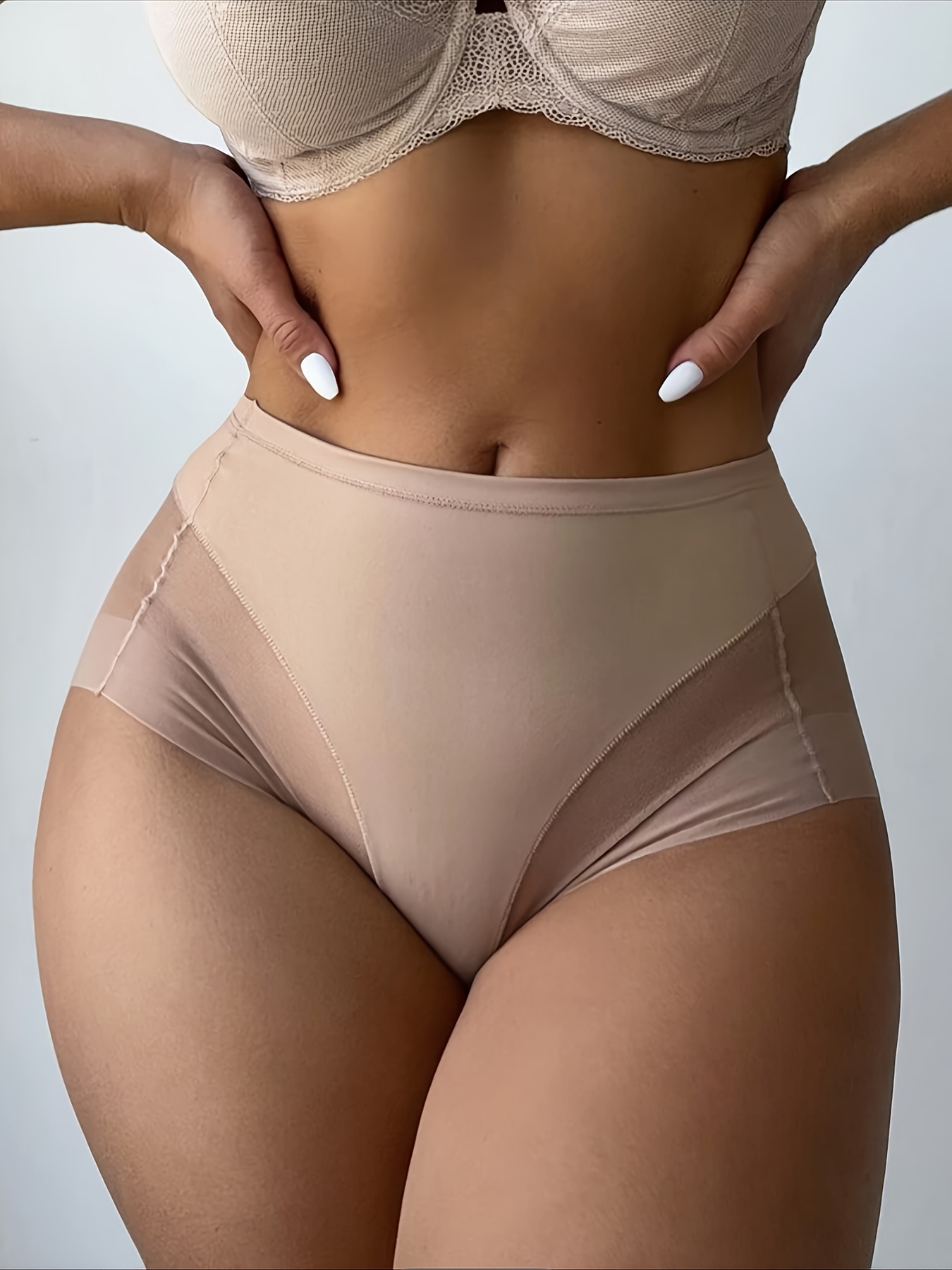 Semi sheer Mesh Stitching Briefs Comfy Breathable High Waist