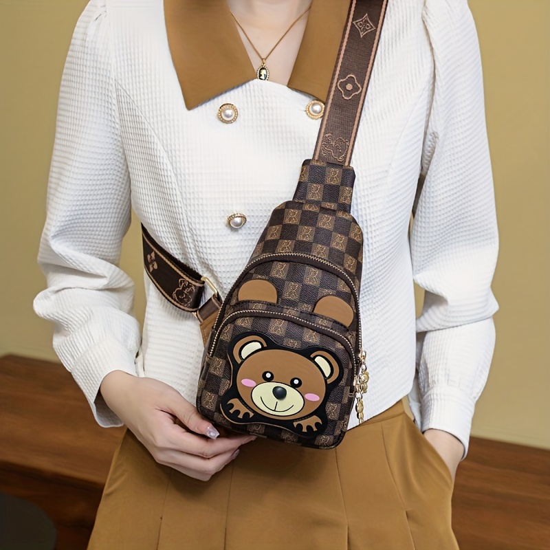 Cute Bear Decor Sling Bag, Trend Faux Leather Chest Purse, Women's