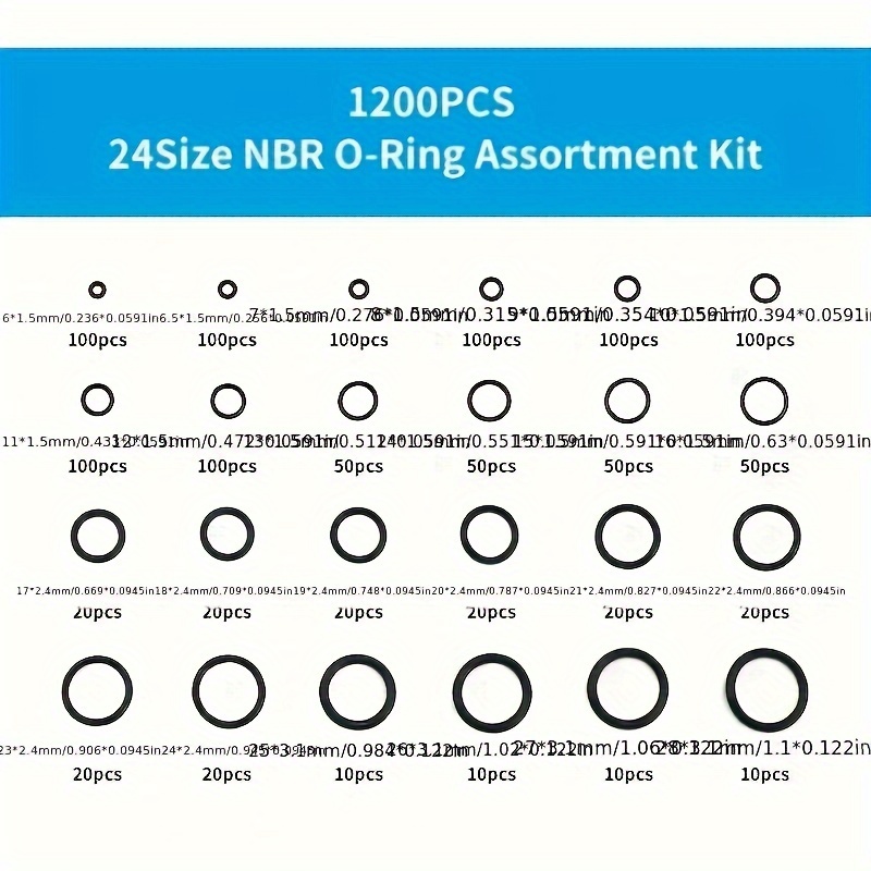1200 Pieces 24 Sizes Car O-Ring Rubber Assortment Kit Black Set