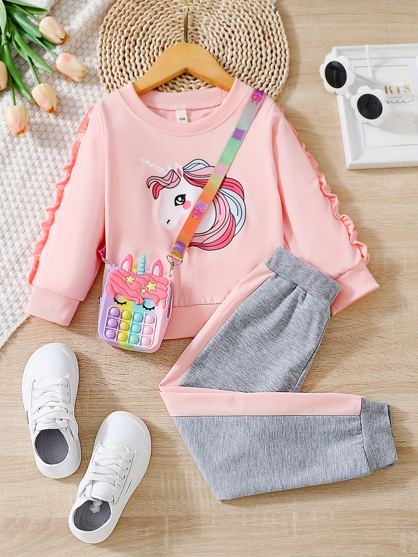 Trendy Girls 3pcs, Unicorn Print Ruffle Trim Top & Splicing Jogger Pants &  Rainbow Unicorn Bag Set Kids Clothes For Gift, Party, Birthday