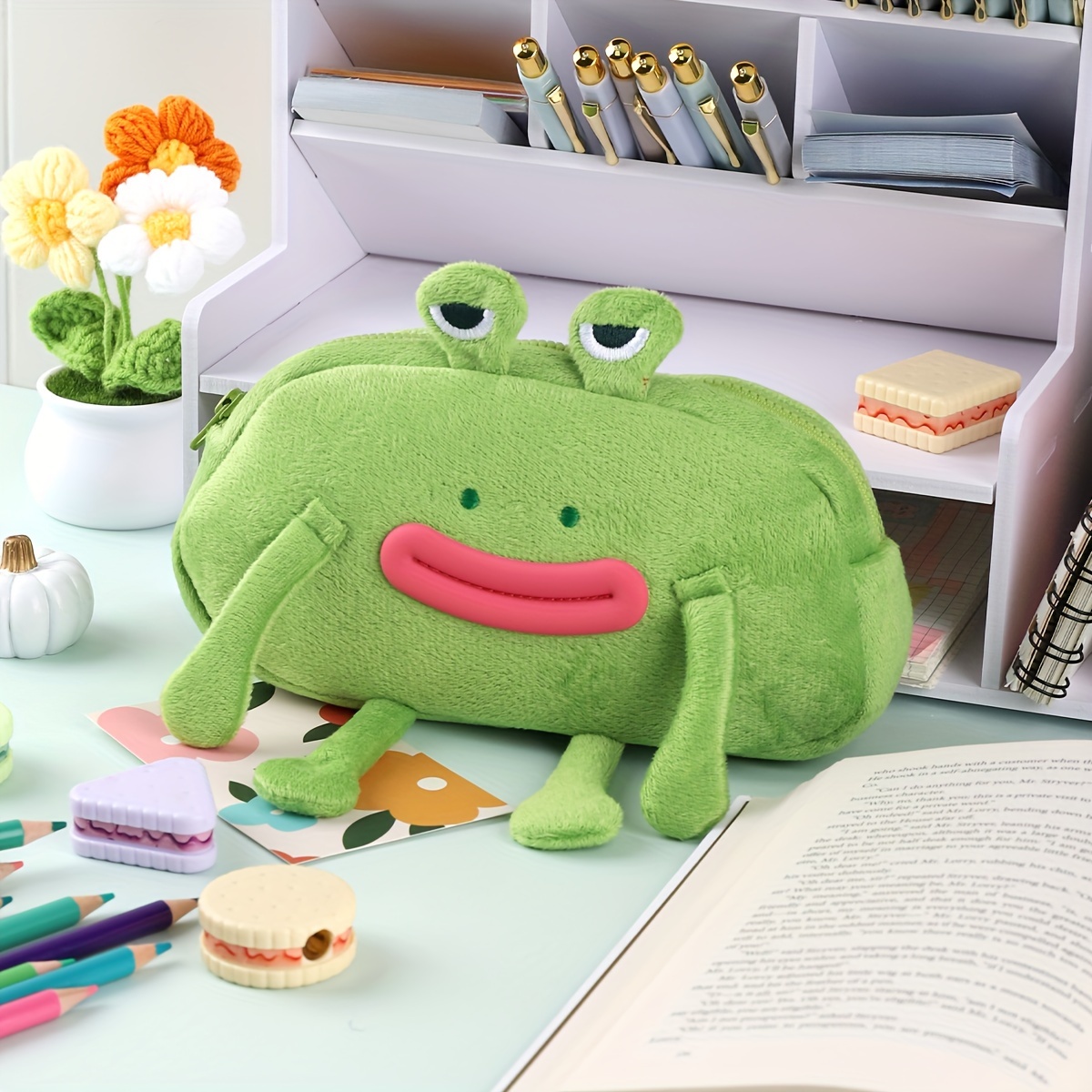 Frog Plush Pen Bag Cartoon Shaped Large Capacity Student - Temu