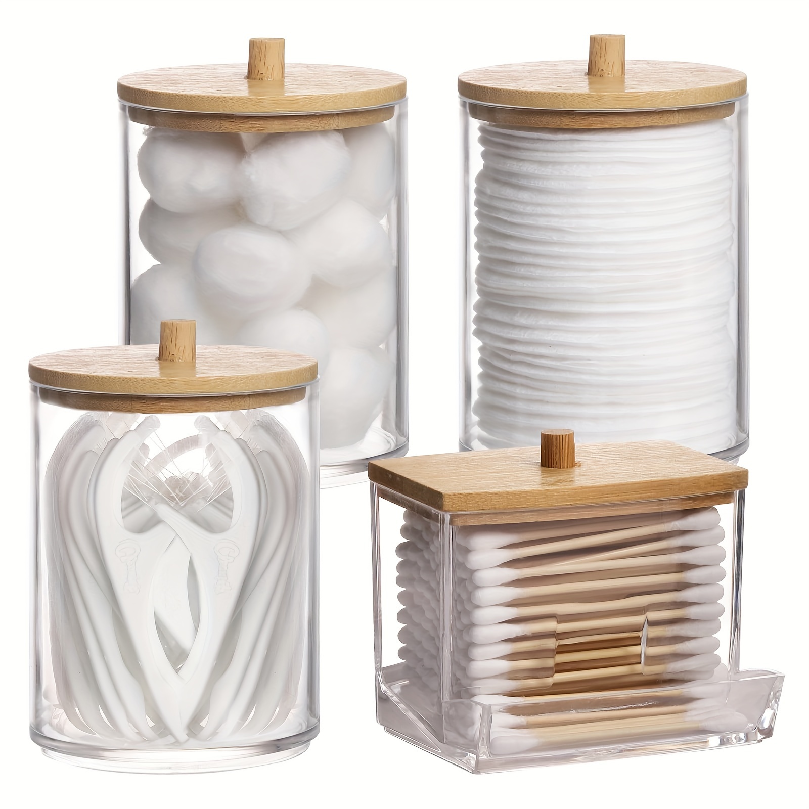 Nyidpsz Cotton Ball Organizer 2pcs Cotton Swab Holder with Bamboo Lid Tray  Glass Bathroom Storage Jar for Bathroom Bedroom Dresser 