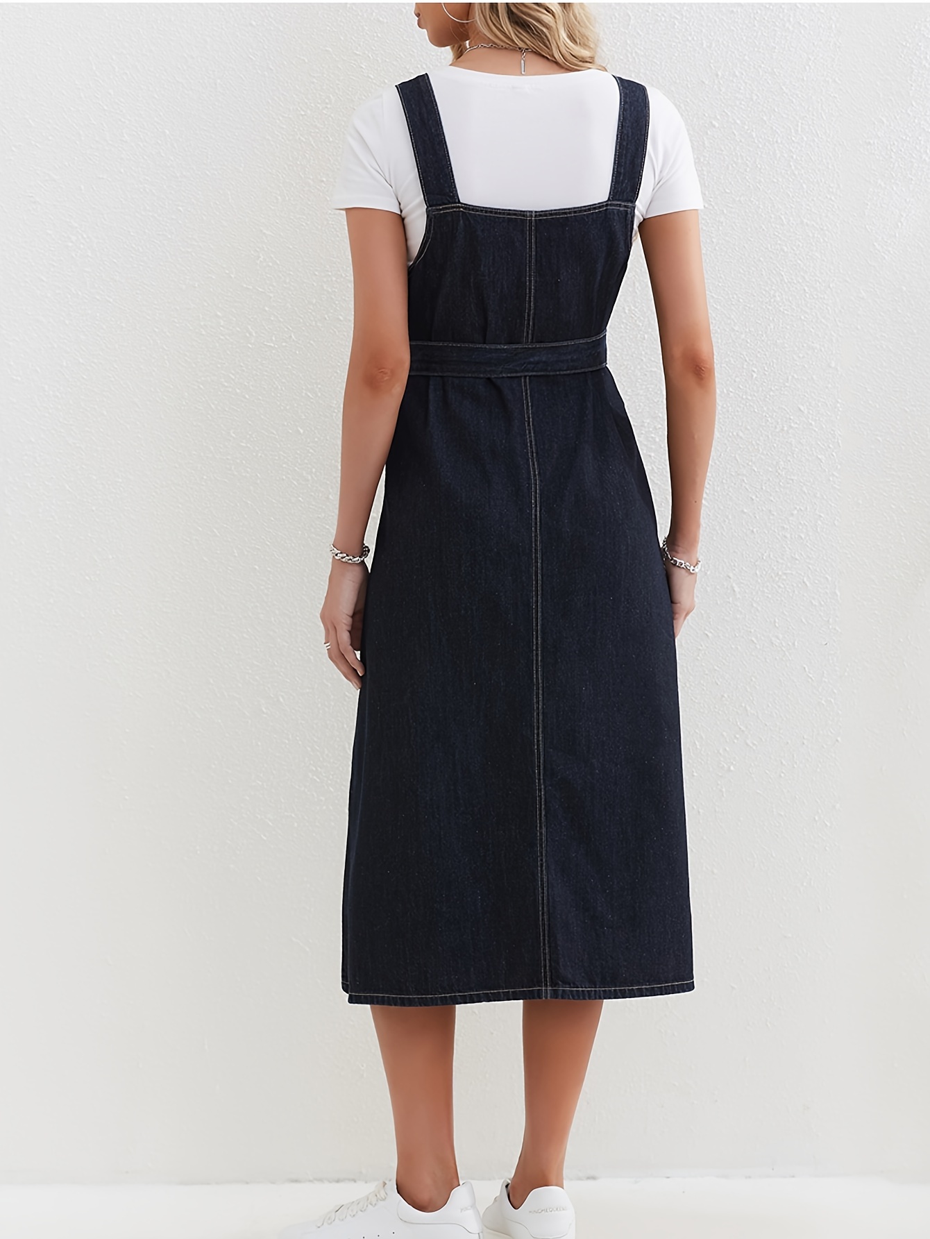 blue loose fit denim overall dress non stretch versatile denim overall dress womens denim clothing