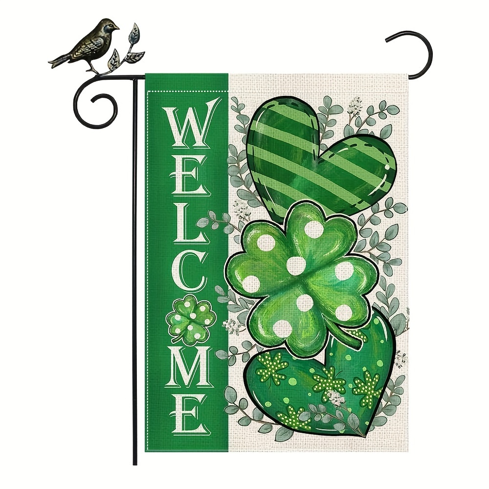 

St Patrick's Day Garden Flag 12 X 18 Inch, Shamrock Hearts Welcome Double Sided Decorative Flag For Outside Yard Lawn Decoration No Flagpole Easter Gift