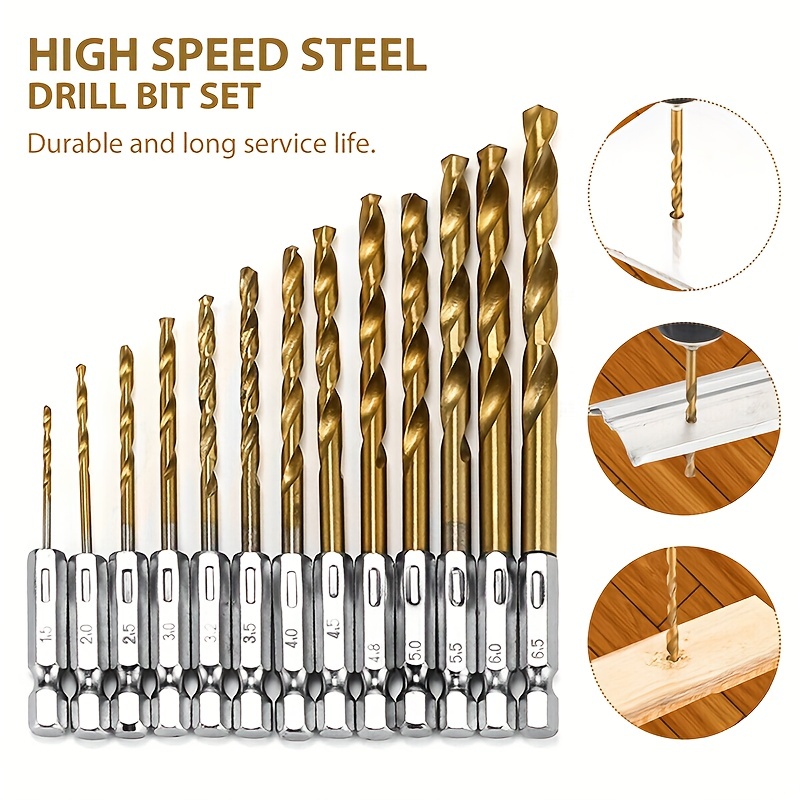 2pcs 13 size 1.5mm-6.5mm Drill Bit Set Titanium Coated HSS High Speed Steel  Hex Shank Quick Change