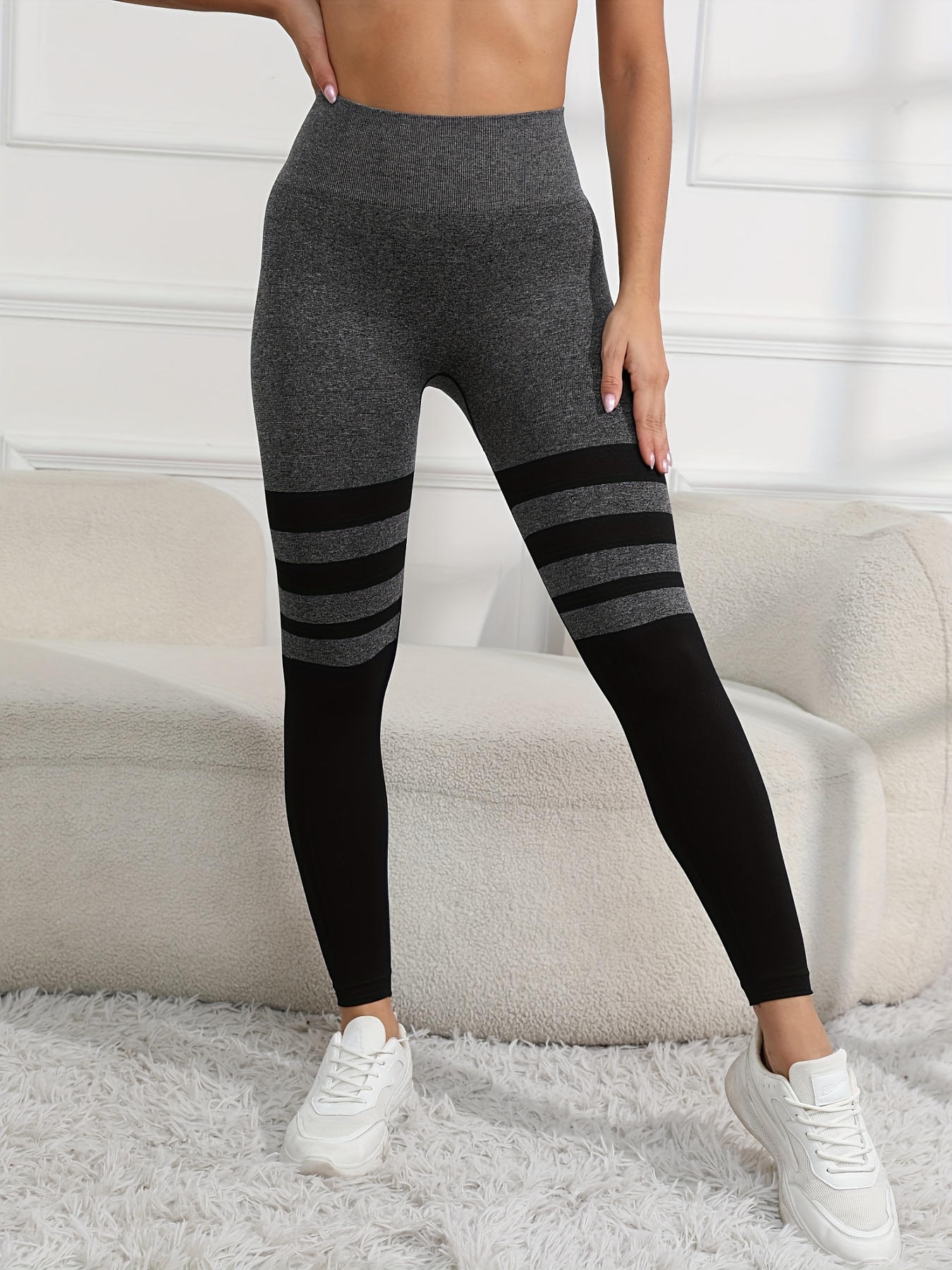 Women's Leggings Striped Running Pants Gym Outdoor Sports Casual Yoga Pants  Gray Blue