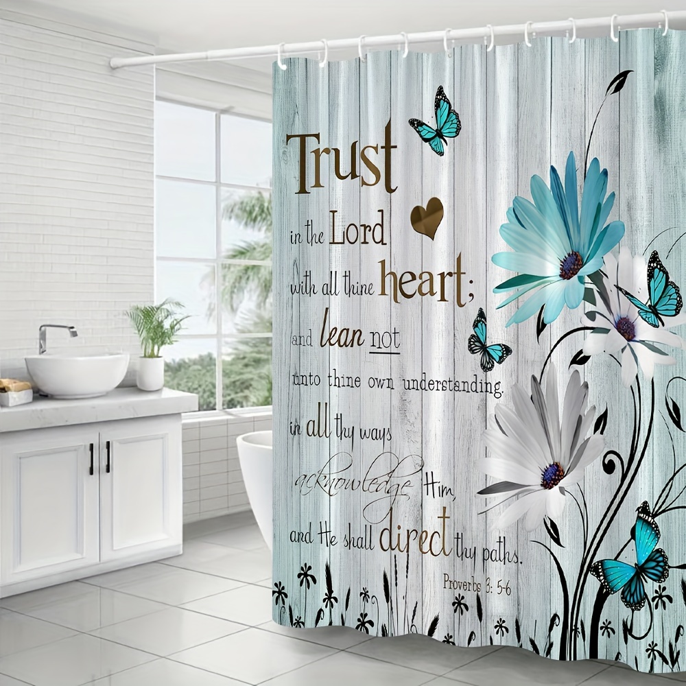 1pc Floral Butterfly Shower Curtain, Daisy Flower Rustic Farmhouse Theme  Inspirational Quotes Vintage Shower Curtain, Wooden Panel Background  Bathroom