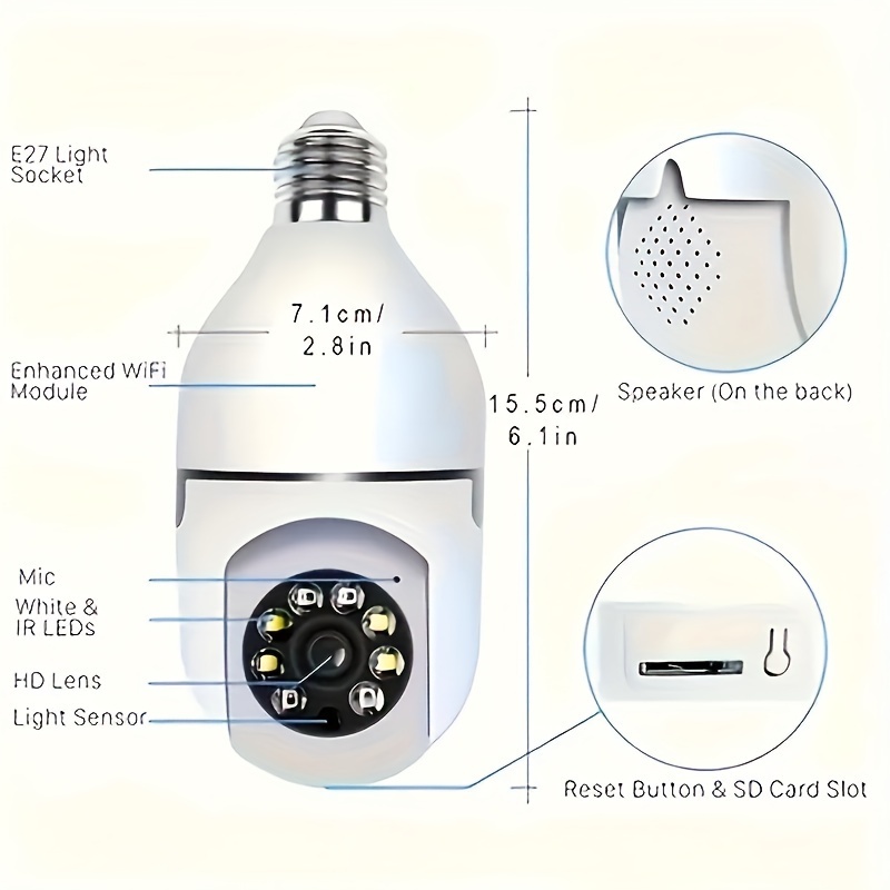 умная камера лампа e27 панорамный обзор Wi-Fi включен обнаружение движения оповещения ночное видение двусторонний звук детали 8
