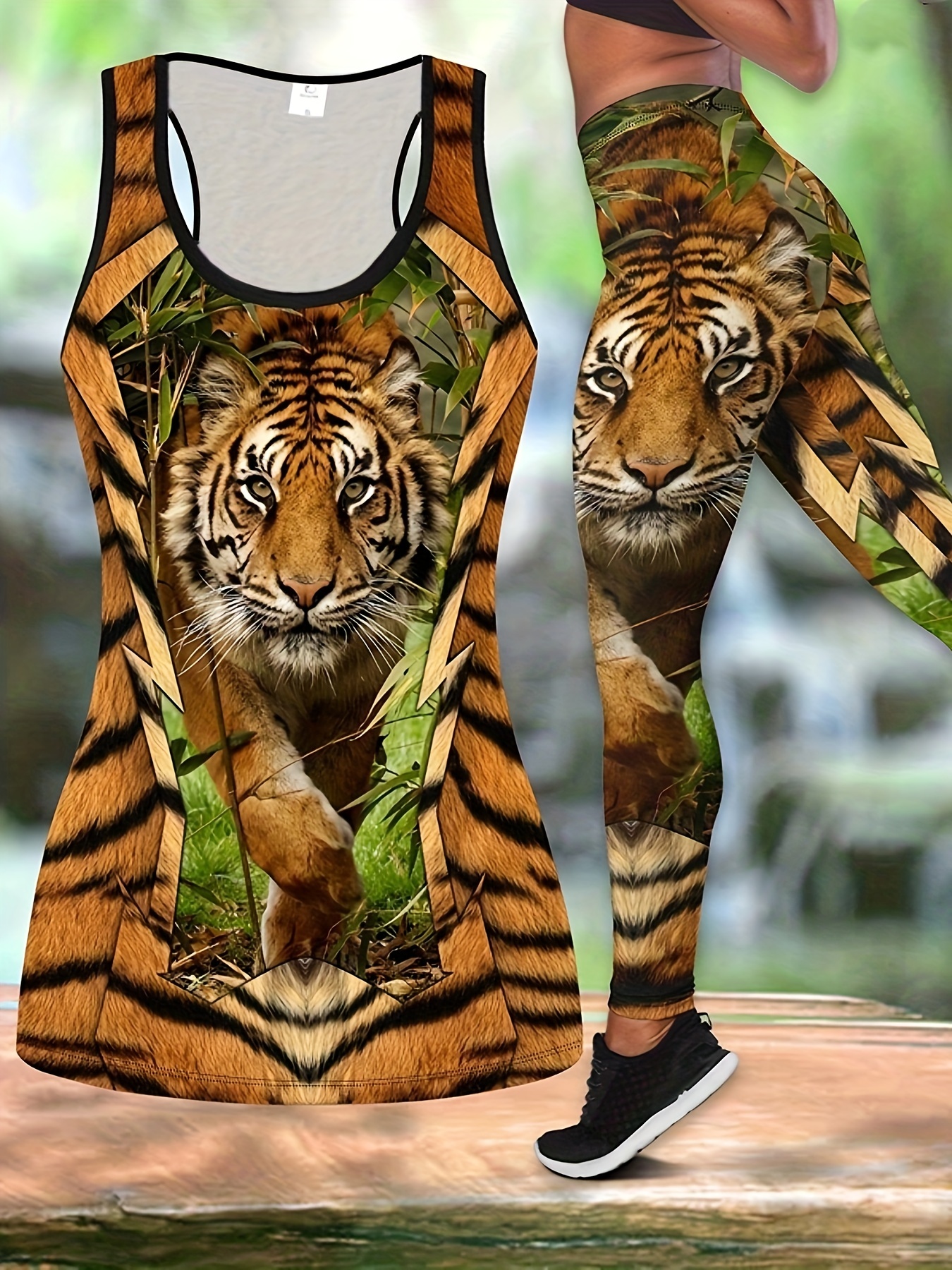 Plus Size Tiger Print Two-piece Set, Causal Sleeveless Tank Top & Leggings  Outfits For Spring & Summer, Women's Plus Size Clothing