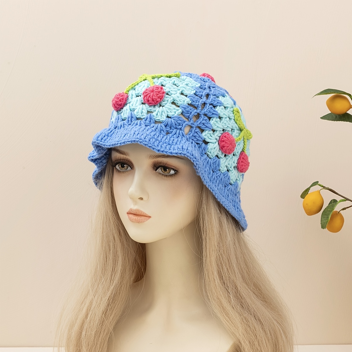 Kawaii Cheery Pattern Crochet Hat, Fashion Breathable Bucket Hat, Fishing Hat for Autumn Winter,Temu