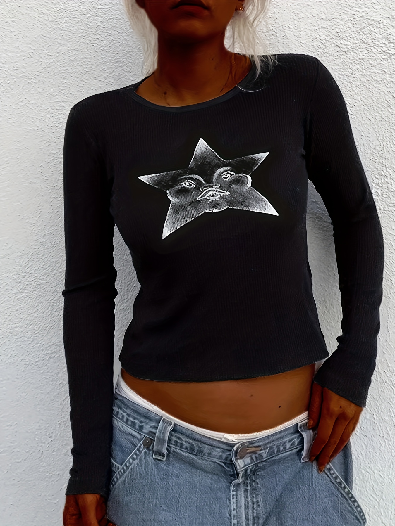 Star Print Crew Neck T shirt Y2k Long Sleeve T shirt Spring - Temu