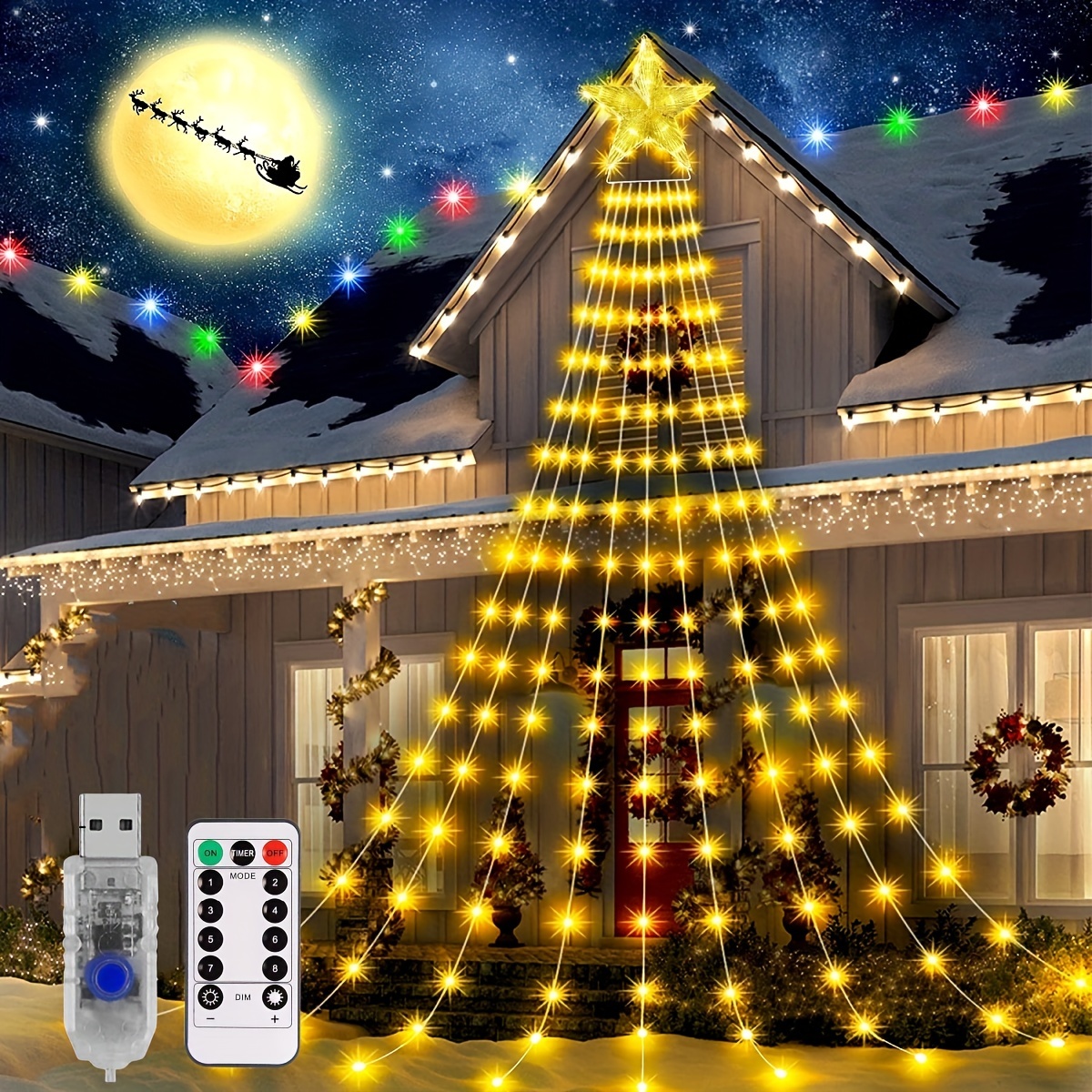 Lumières de fenêtre de Noël, 120 LED Lumières de rideau de Noël 8 modes  scintillant avec télécommande USB Plug In Fairy Lights 10 Ft Décorations de