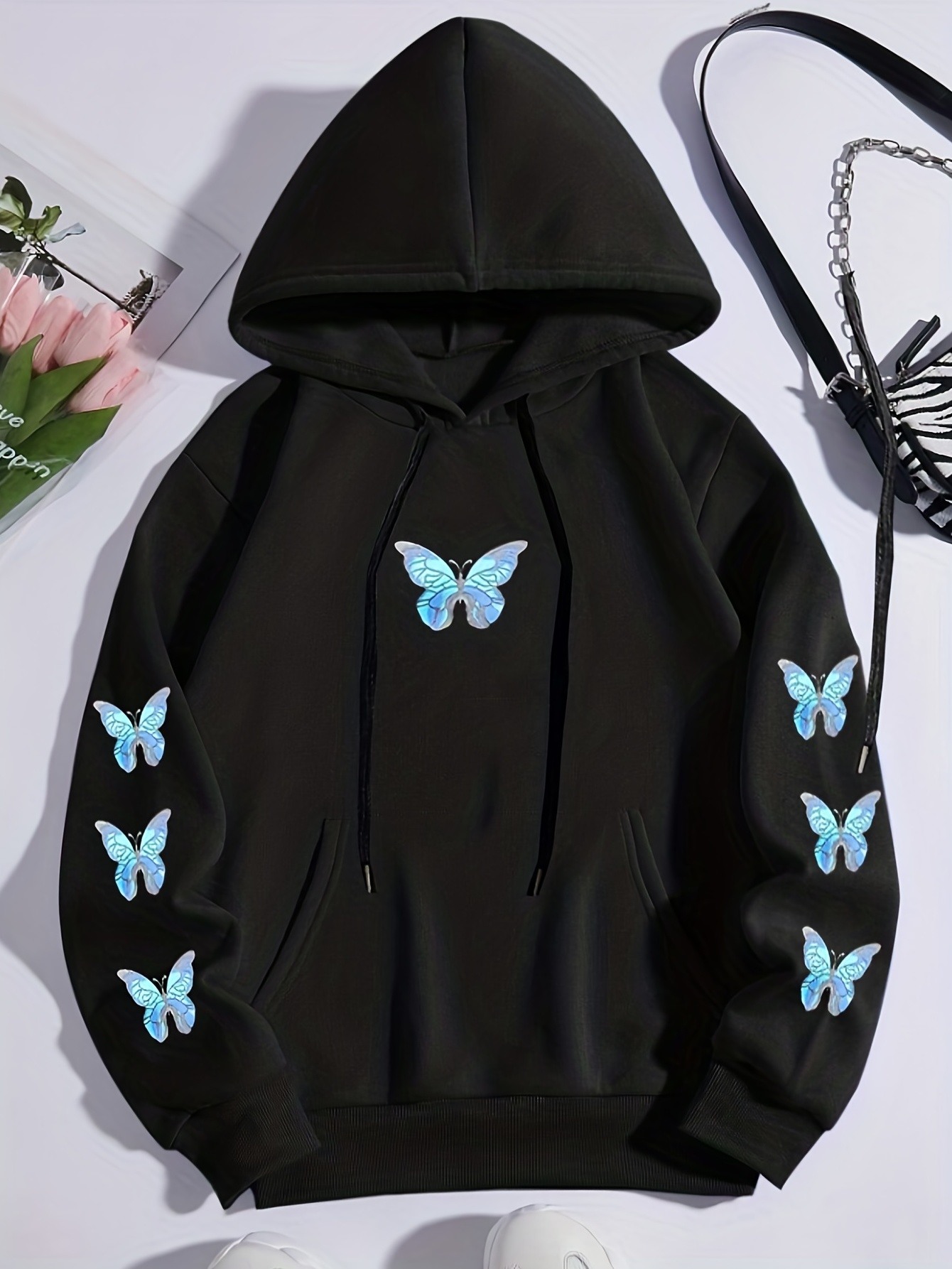 Plus Size Casual Sweatshirt Women s Plus Butterfly Print Long Sleeve Hooded Drawstring Sweatshirt With Kangaroo Pocket