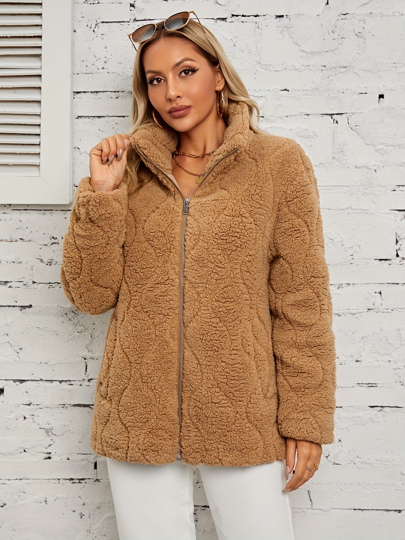 Fuzzy Solid Fall Winter Jacket Casual Zip Long Sleeve Warm - Temu