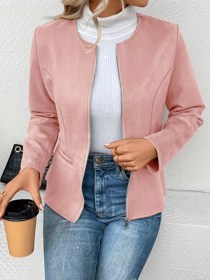 plus size elegant jacket womens plus solid long sleeve zip up round neck jacket details 48