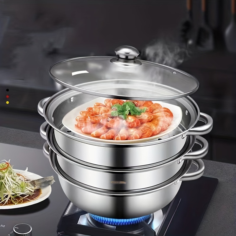  Olla de vapor de acero inoxidable de 3 niveles de múltiples  niveles para cocinar con inserto de sartén apilable, tapa y tapa,  vaporizador de alimentos, olla de vapor para verduras, olla