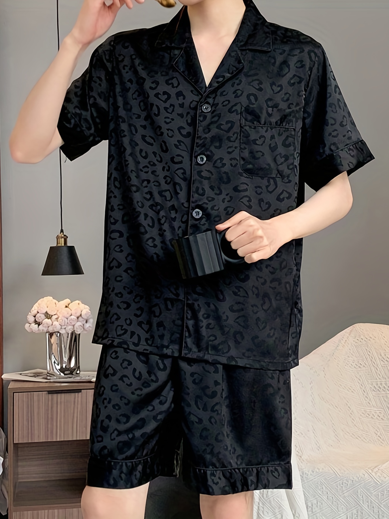Silk Pyjama Set, Black Silk, Home
