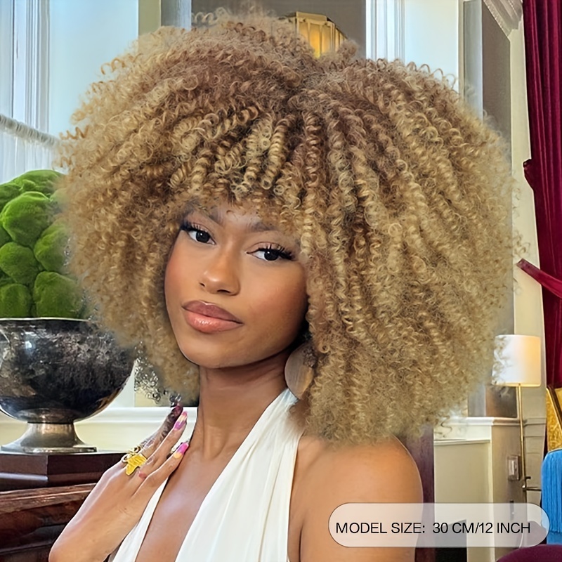 Court Afro Bouclés Perruque Avec Une Frange Pour Les Femmes Ombre Blonde  Crépus Bouclés Perruque De Cheveux Afro Synthétique Pleine Perruques 12  Pouce