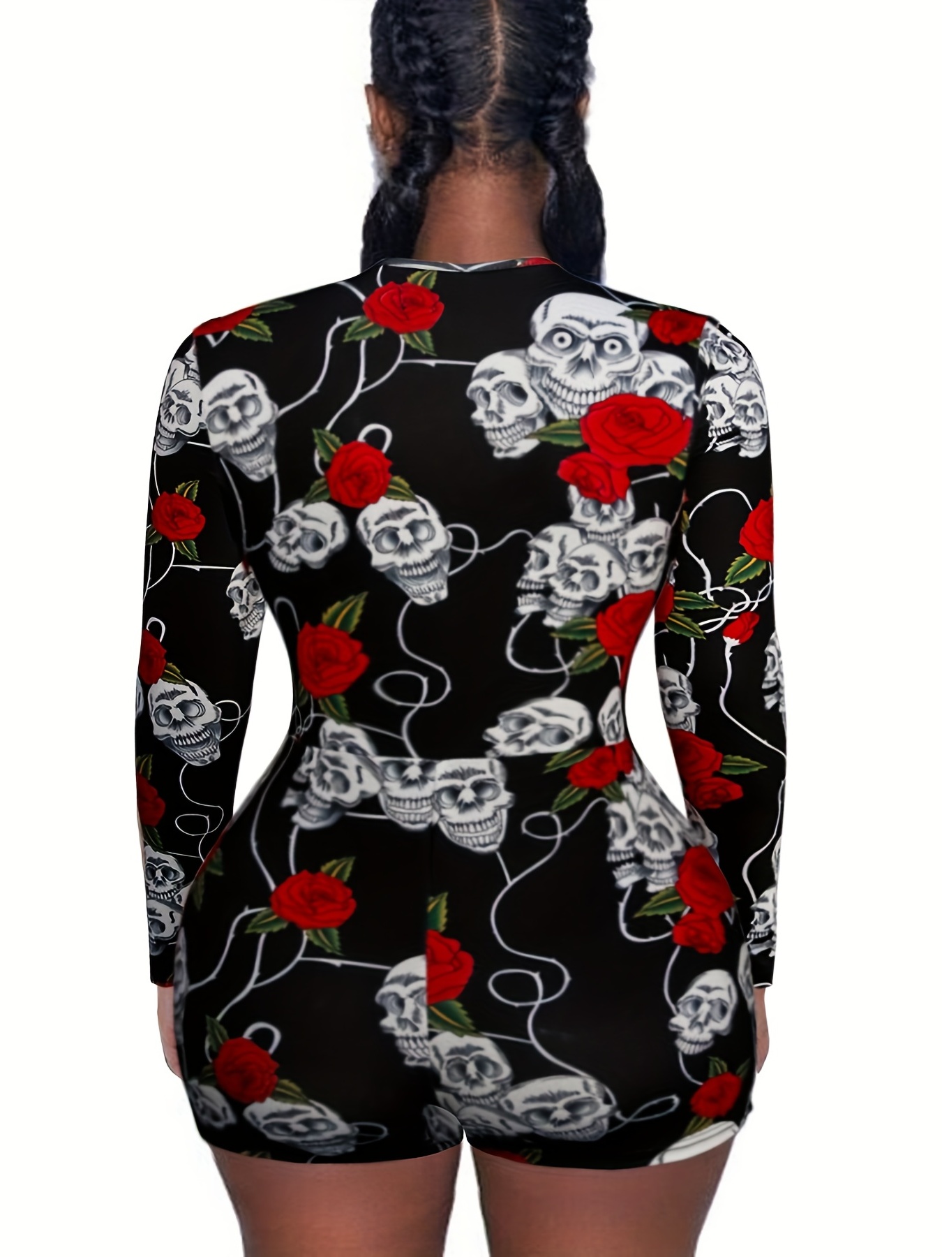 Skull & Rose Print Lounge Romper Long Sleeve V Neck Buttons Women's Loungewear
