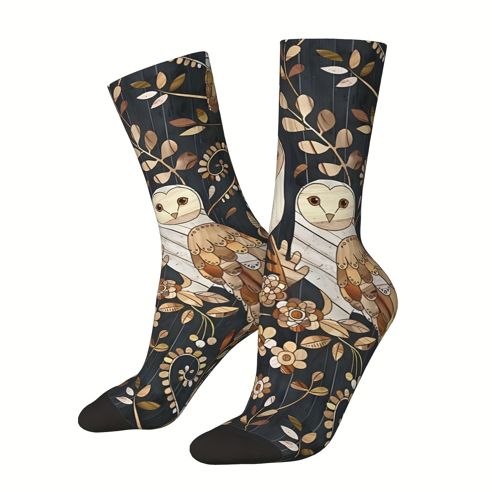 

A Pair Of Men's Owl Pattern Trendy Novelty Crew Socks, Comfy Breathable Casual Soft Socks For Men's Outdoor Activities