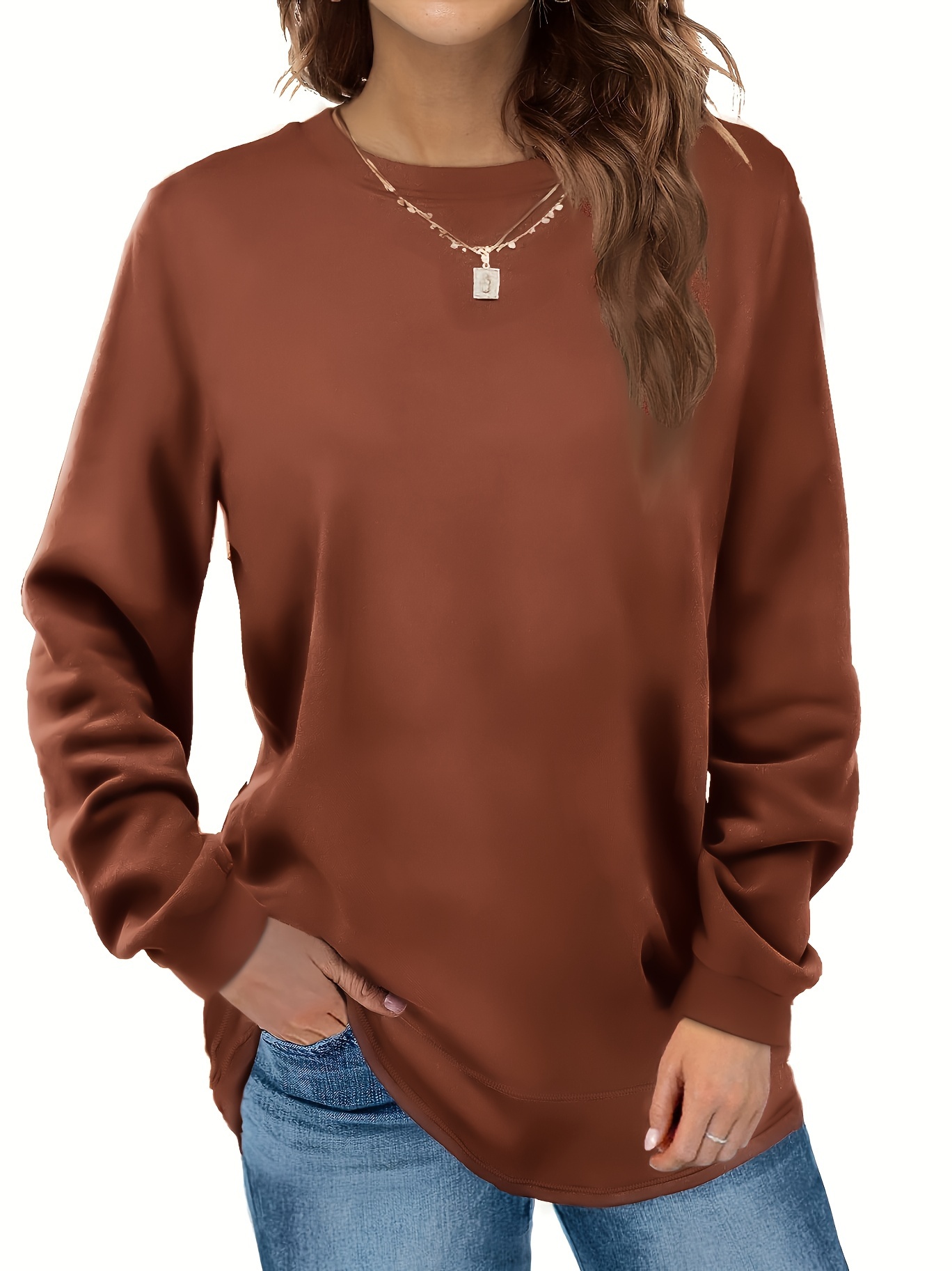 Plus Size Basic Top Women's Plus Solid Long Sleeve Round - Temu