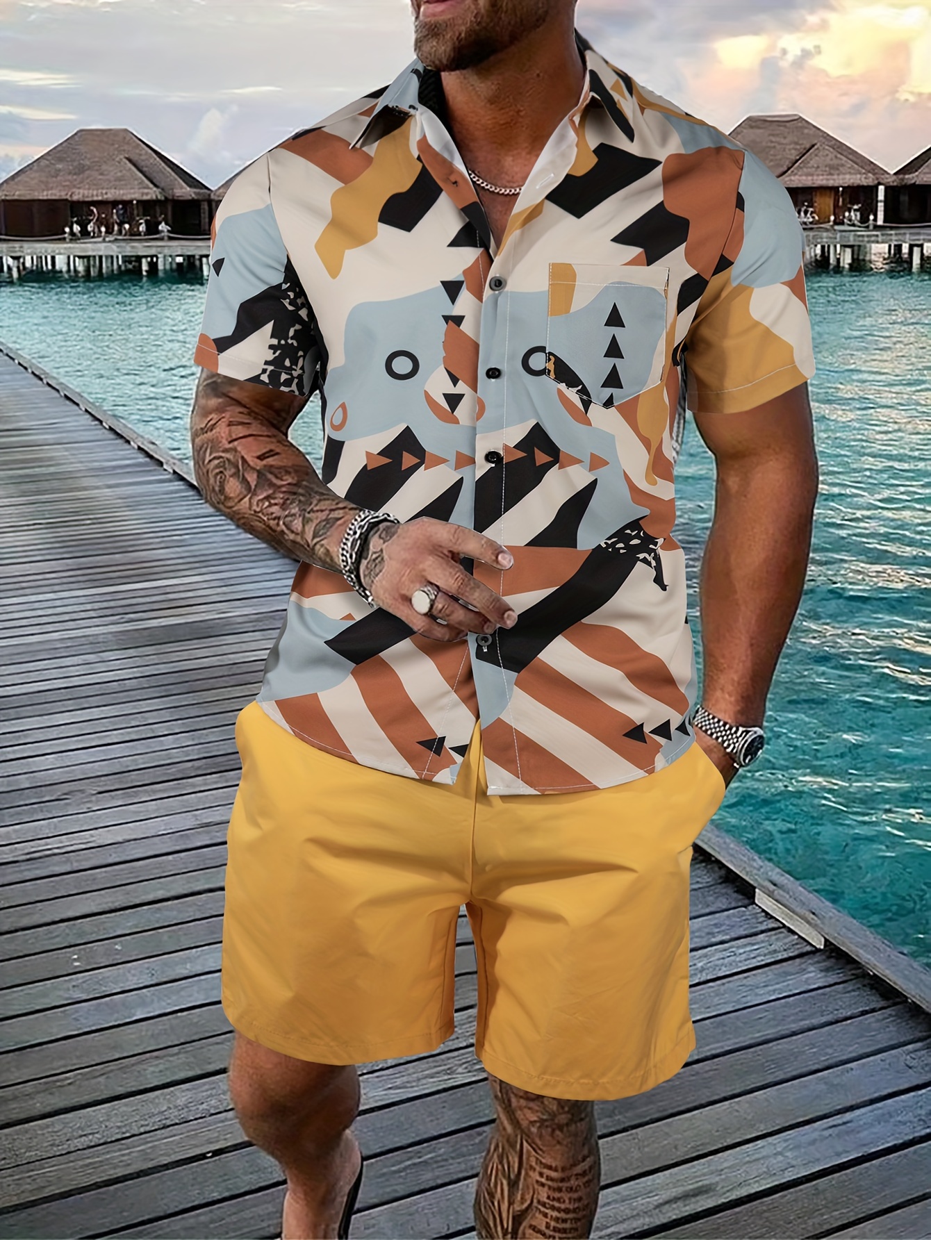 Men's Outfit Set Geometric Pattern Hawaiian Shirt Drawstring - Temu