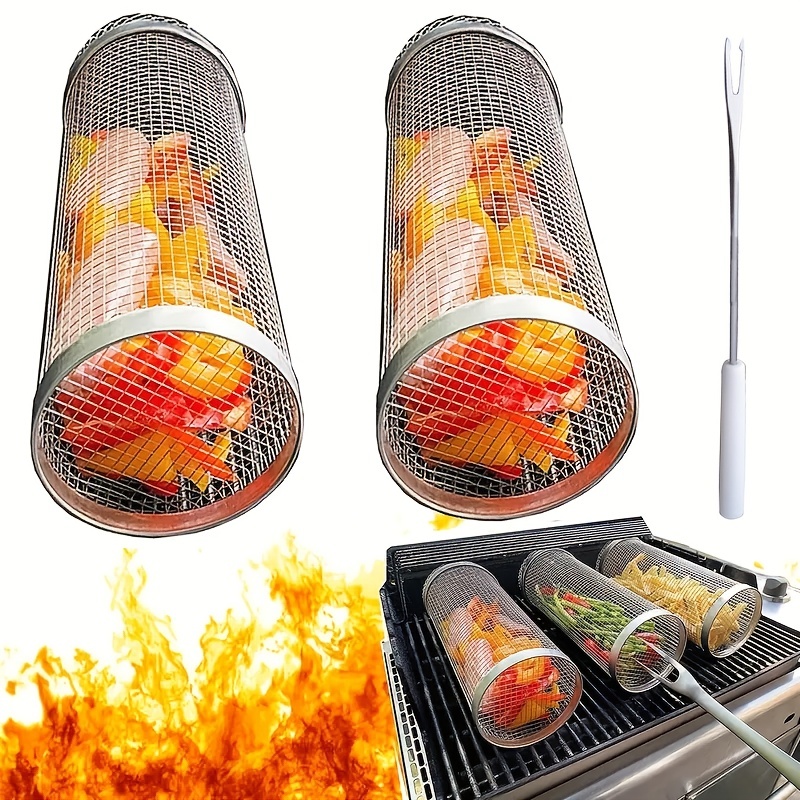 Rolling Grilling Baskets With Fork Stainless Steel Bbq - Temu