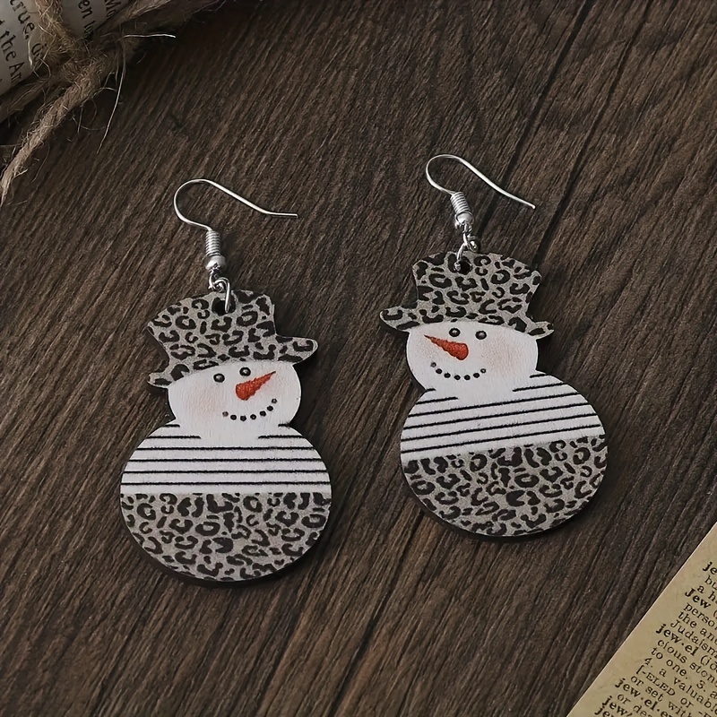 Snowman With Leopard Pattern Dangle Earrings Retro Style Wooden Jewelry