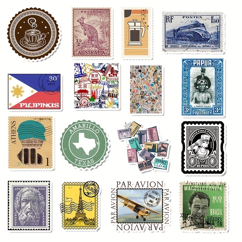 25/50 Vinyl Vintage Postage Stamp Stickers, Die Cut Decal Set, Waterproof  Reusable, Vacation Tourist Travel Destination, Planner Laptop Case 
