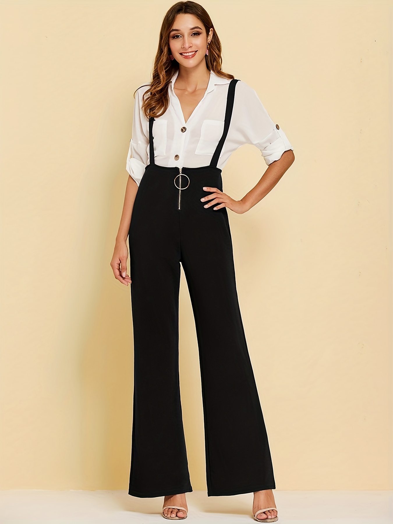 Ruched Split Jumpsuit Casual Solid Long Sleeve Wide Leg - Temu Japan