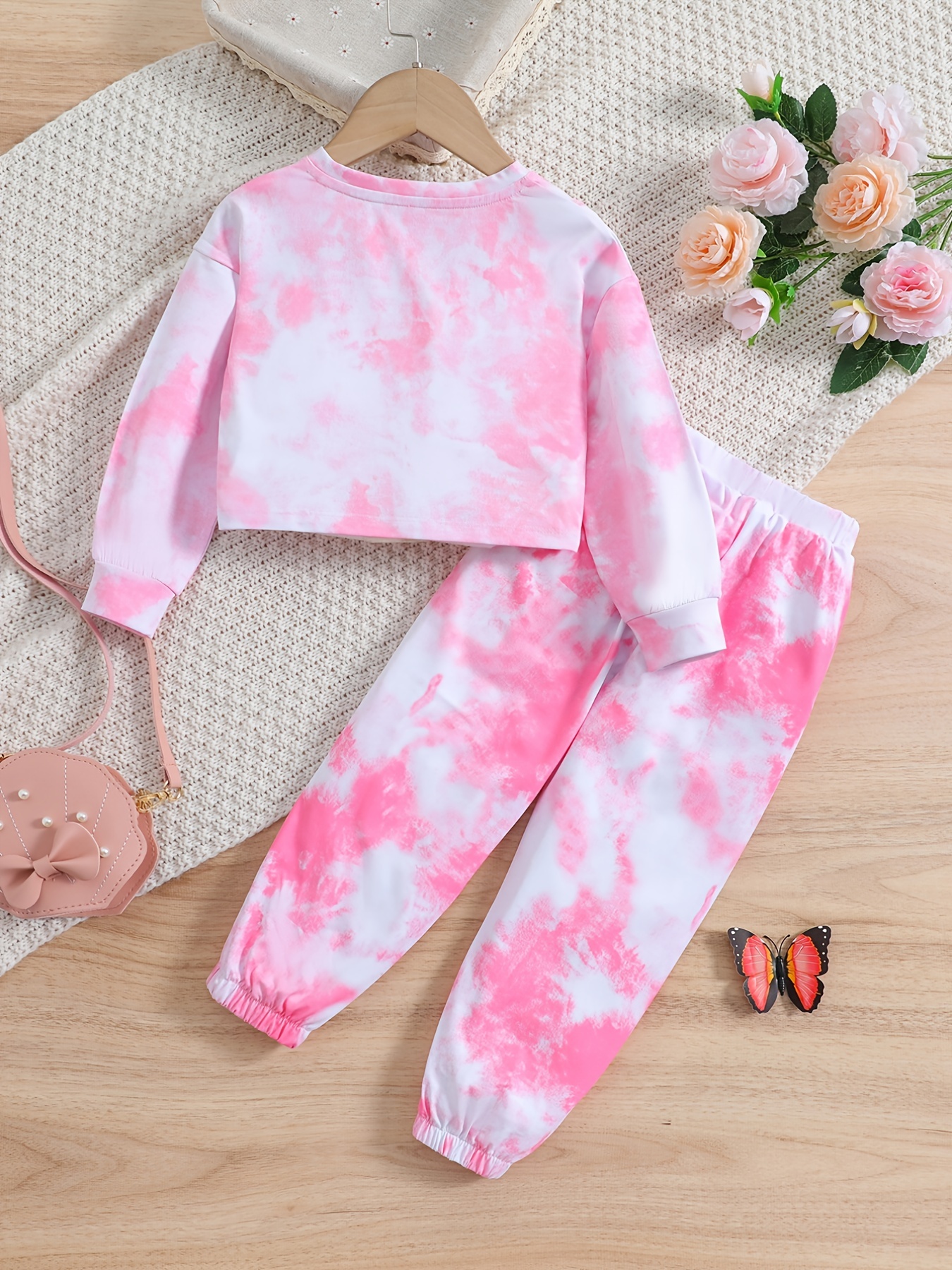 Toddler Girls Butterfly Embroidery Tie Dye Top Long Sleeve Tee Shirt And  Sweat Pants 2pcs Sportswears Y1-Y8