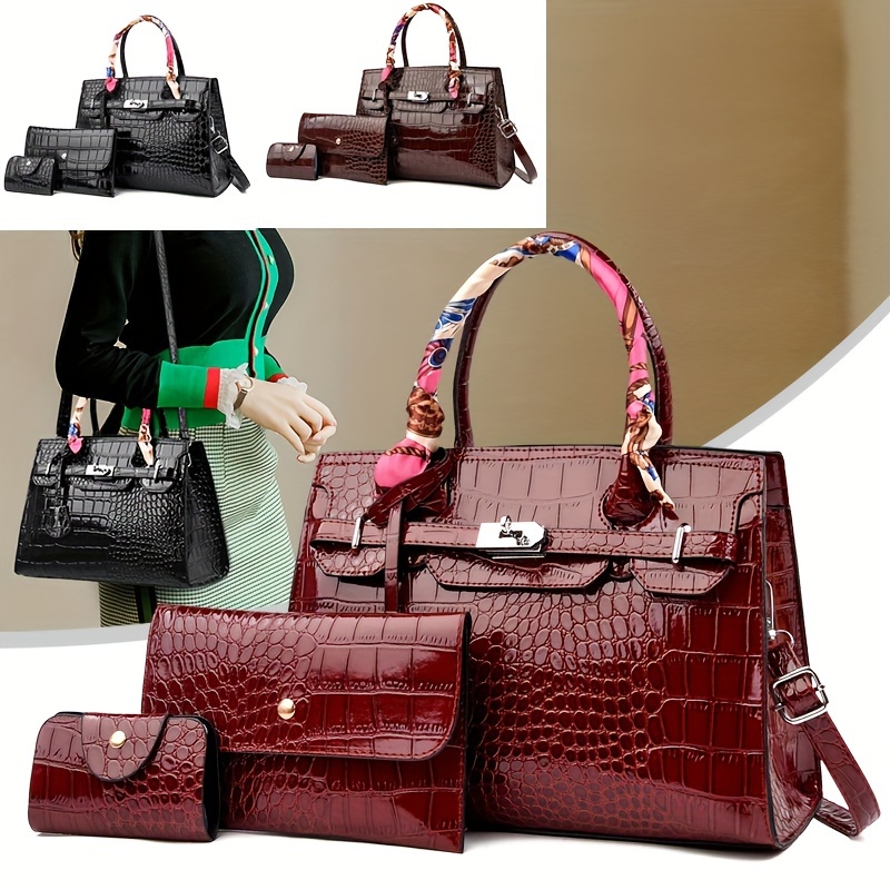 Geometric Pattern Shoulder Bag Set, Women's Bucket Handbag, Crossbody Bag,  Clutch Wallet, Card Bag - Temu