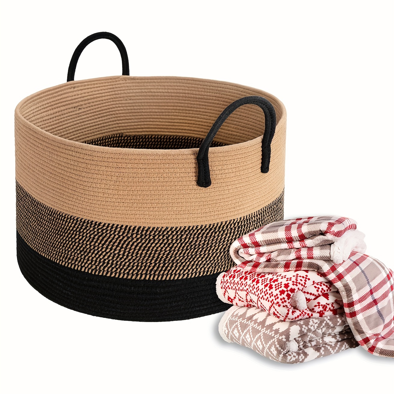 1pc Extra Large Hamper, Rope Woven Storage Baskets With Handle,  55.12*35.05cm Throw Blanket Storage Basket For Living Room, Home Decorative  Storage