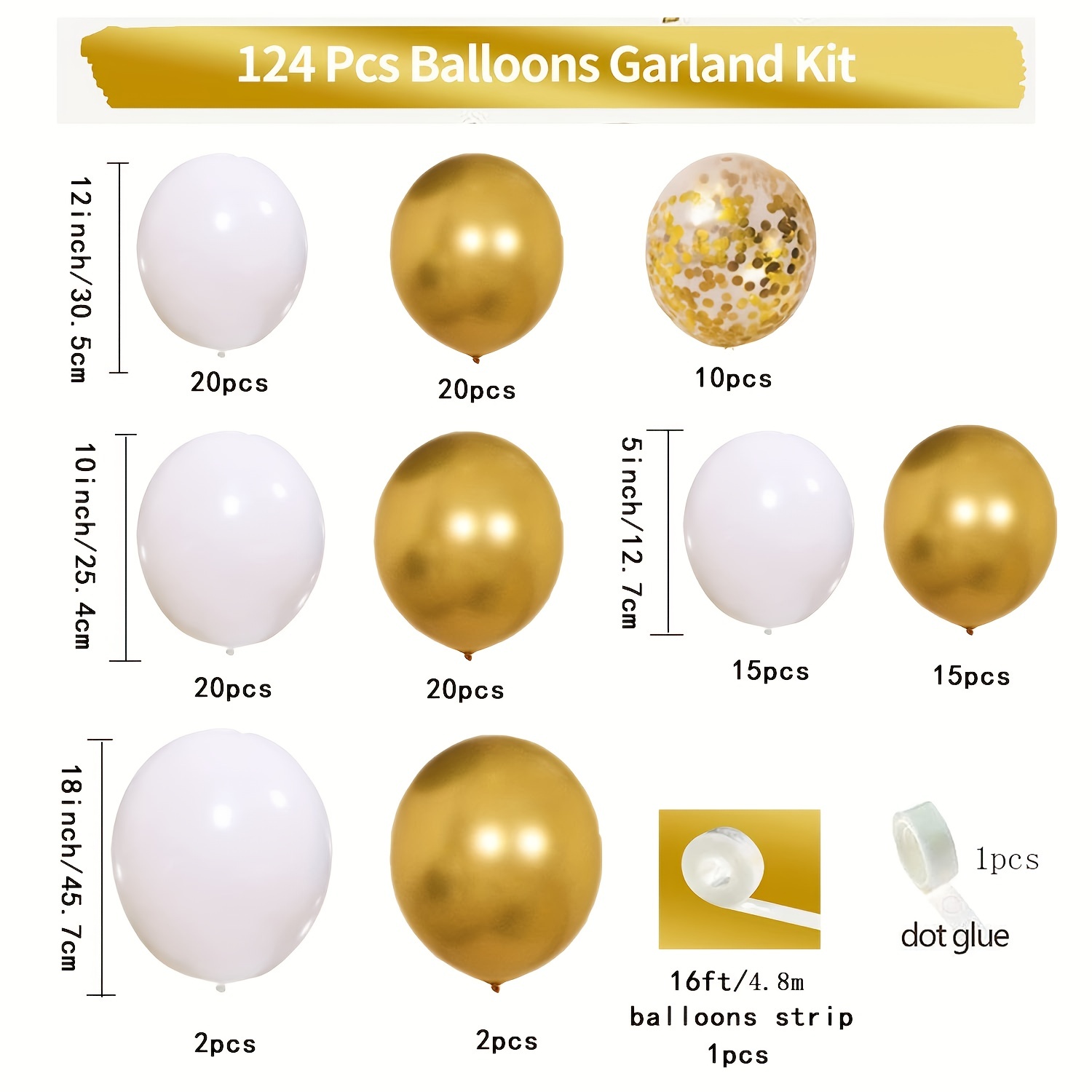Latex Balloon Arch Kit White Gold Confetti Metallic Wedding
