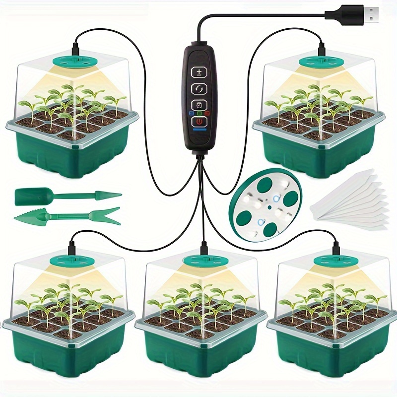 1 5pcs seed starter tray with grow light with adjustable humidity dome usb powered full spectrum led growing lights seedling starter trays greenhouse grow trays for seeds growing starting plant germination 12 cell per tray multi function 5pcs switch 12