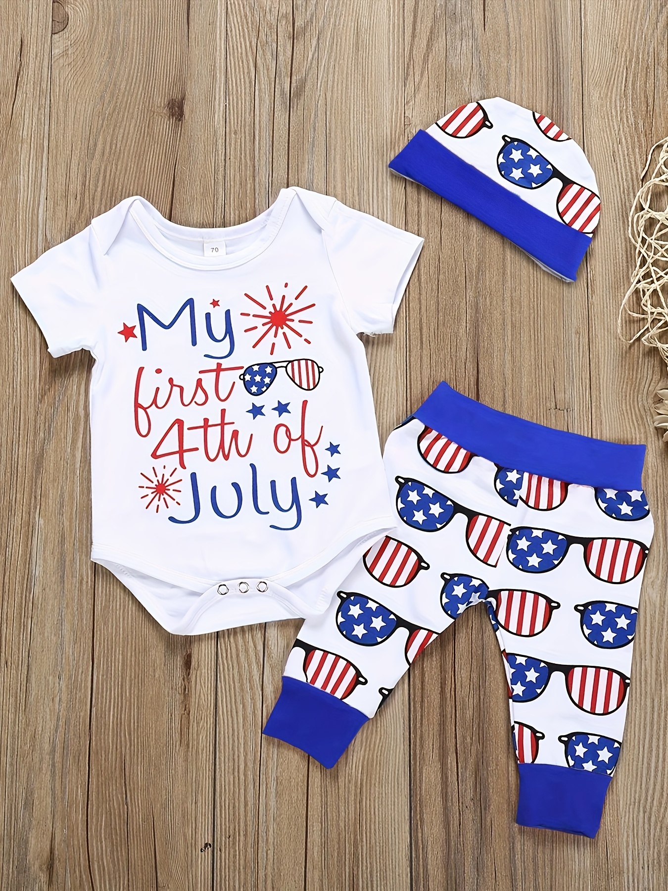 Baby Boys Casual  First 4th July Short Sleeve Onesie Pants - Temu